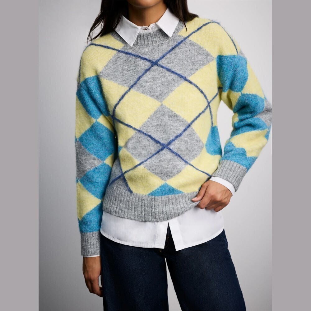 Gray Blue Yellow Argyle Brushed Knit Crew Neck Sweater